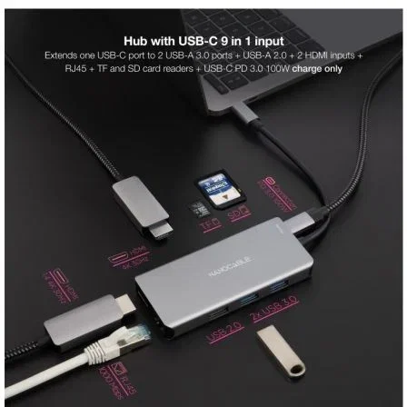 Nano Cable 10.16.1009 - Hub USB-C 9 en 1 Docking Station, 3xUSB 3.0/2xHDMI 4K@30Hz/RJ45 Gigabit/Lector SD-TF/USB-C PD 100W, Aluminio Gris 15 cm